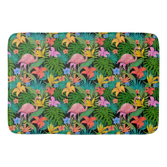 Tapis De Bain Flamant rose rose exotique Fleurs tropicales (Devant)