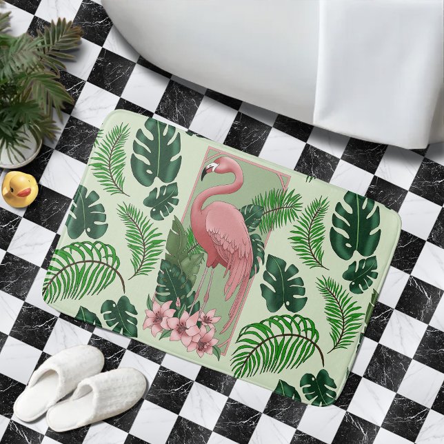 Tapis De Bain Flamant Rose Tropical Feuilles de Palmier Vert Lys (Créateur téléchargé)