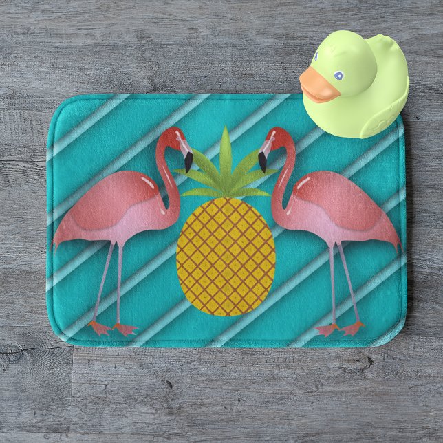 Tapis De Bain Flamant rose tropical Turquoise (Créateur téléchargé)