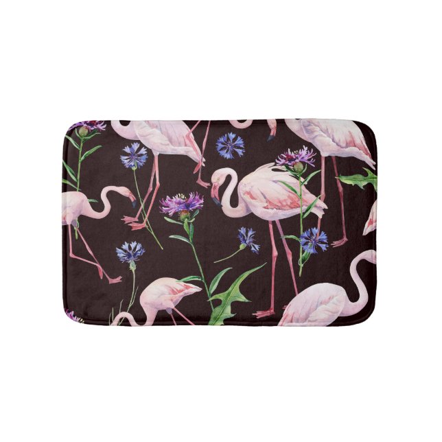 Tapis De Bain Flamants d'aquarelle et fleurs sauvages motif. (Devant)