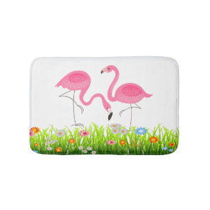 Tapis De Bain Flamants roses roses mignons et fleurs de printemp