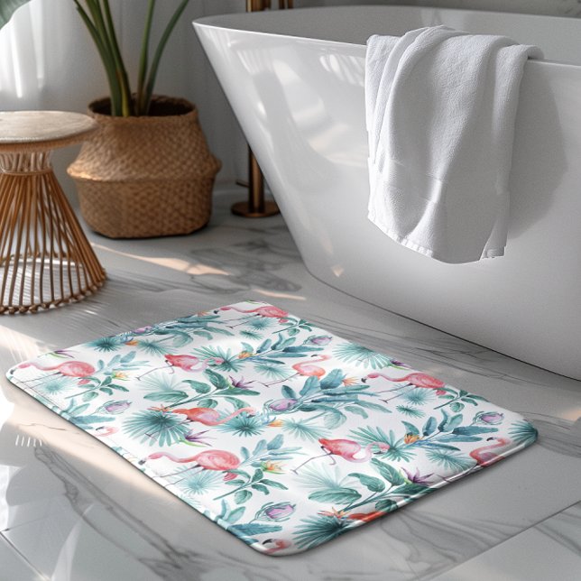 Tapis De Bain Flamants roses tropicaux feuille motif (Créateur téléchargé)