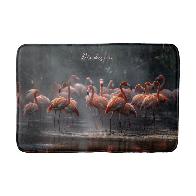 Tapis De Bain Flamants roses tropicaux nom personnalisé (Devant)