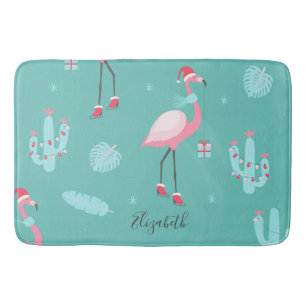 Tapis De Bain Flamingos Chapeau de Père Noël Présente Flocons de