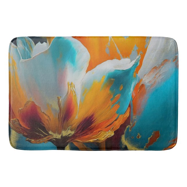 Tapis De Bain Fleur abstraite en orange et sarcelle (Devant)