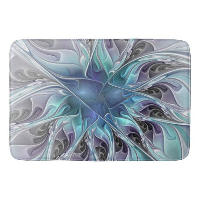 Tapis De Bain Fleur Abstraite Fractale Moderne Avec Bleu (Devant)