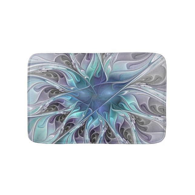Tapis De Bain Fleur Abstraite Fractale Moderne Avec Bleu (Devant)