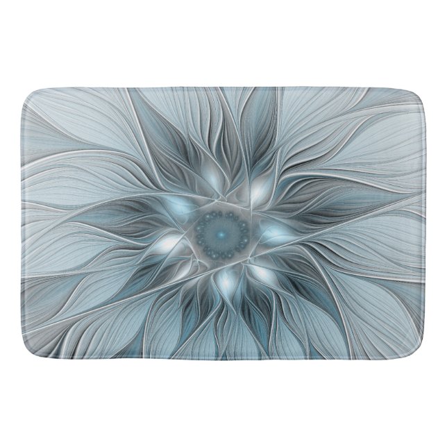 Tapis De Bain Fleur abstraite joyeuse bleu gris floral fractal (Devant)
