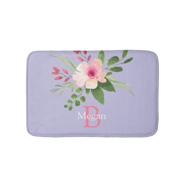 Tapis De Bain Fleur aquarelle, nom et monogramme sur lavande (Devant)
