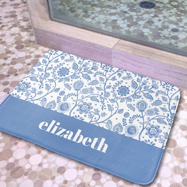 Tapis De Bain Fleur botanique florale bleue et blanche Nom perso (Créateur téléchargé)