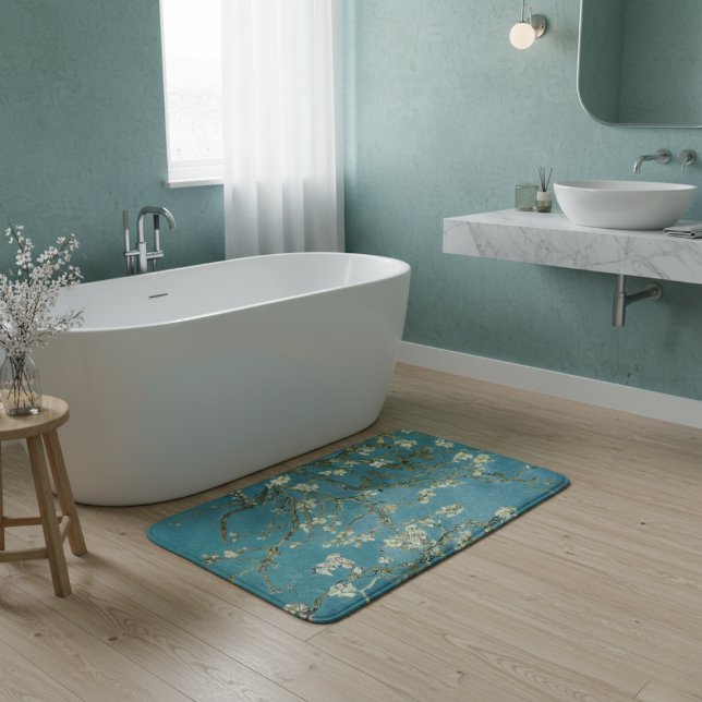 Tapis De Bain Fleur d'amandier Floral Boho Bleu Classique Art (Créateur téléchargé)