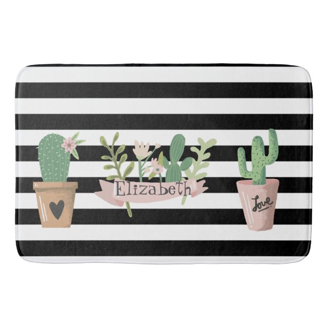 Tapis De Bain Fleur de Cactus Rayures Noires et Blanches (Devant)