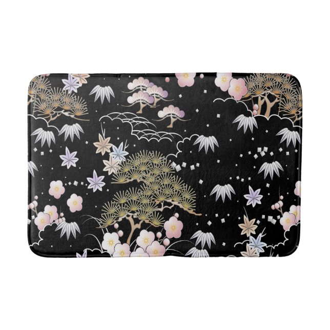 Tapis De Bain Fleur de cerisier rose noir Élégant motif floral (Devant)