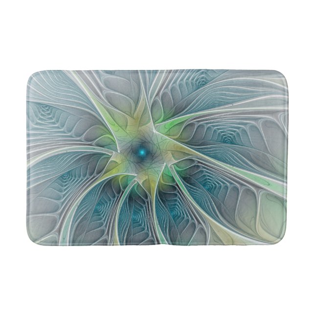 Tapis De Bain Fleur de fantaisie moderne bleue verte fractale (Devant)