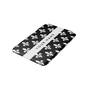 Tapis De Bain Fleur de Lis, Blanc sur Noir, Blanc, Votre Nom