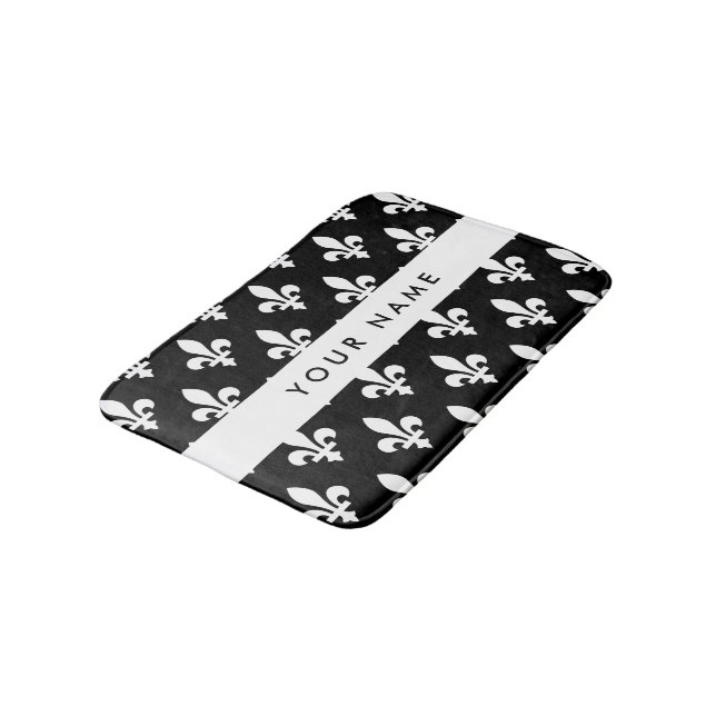 Tapis De Bain Fleur de Lis, Blanc sur Noir, Blanc, Votre Nom (Angle)