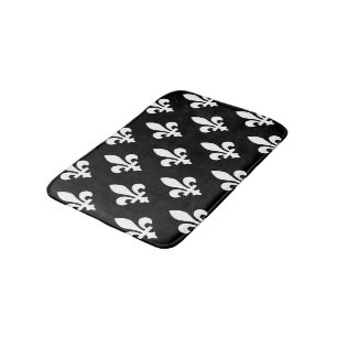 Tapis De Bain Fleur de Lis Motif, Royal French, Blanc sur Noir
