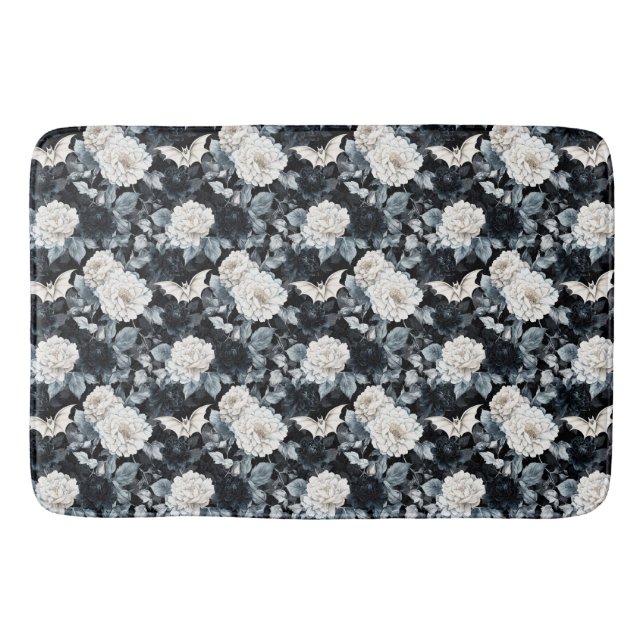 Tapis De Bain Fleur de Nocturne - Bats & Fleurs en Monochrome (Devant)