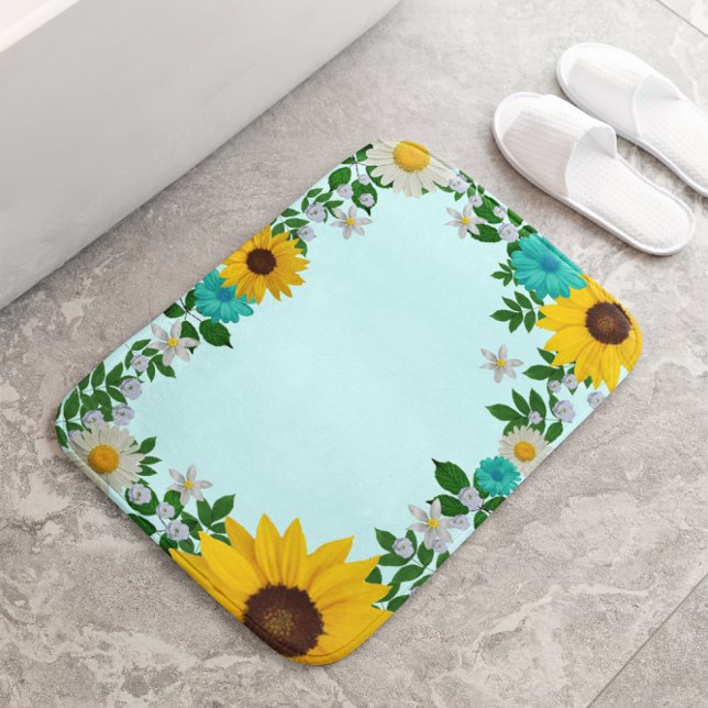 Tapis De Bain Fleur de tournesol rustique Faisée Turquoise (Créateur téléchargé)