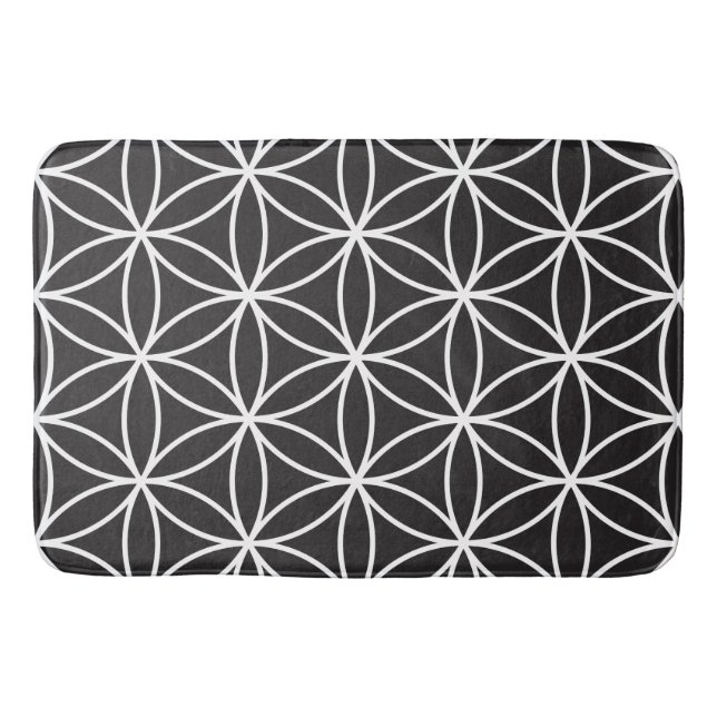 Tapis De Bain Fleur du grand motif de la vie - blanc sur le noir (Devant)