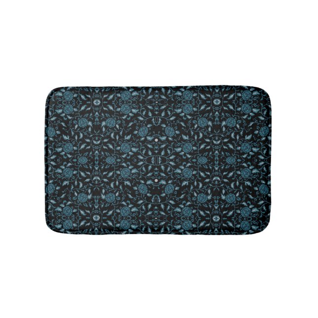 Tapis De Bain Fleur élégante Noir et Turquoise Damas (Devant)