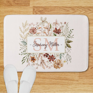 Tapis De Bain Fleur Florale Élégante Monogramme Aquarelle Automn