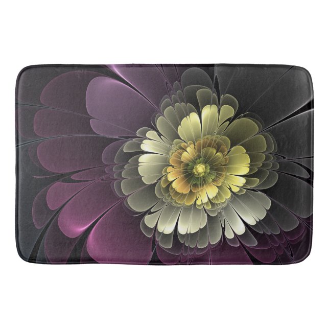 Tapis De Bain Fleur fractale grise et pourpre moderne abstraite (Devant)
