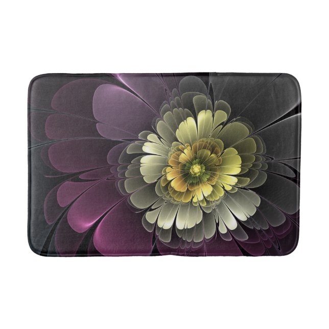 Tapis De Bain Fleur fractale grise et pourpre moderne abstraite (Devant)