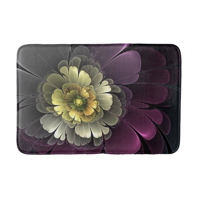 Tapis De Bain Fleur fractale grise et pourpre moderne abstraite (Devant)