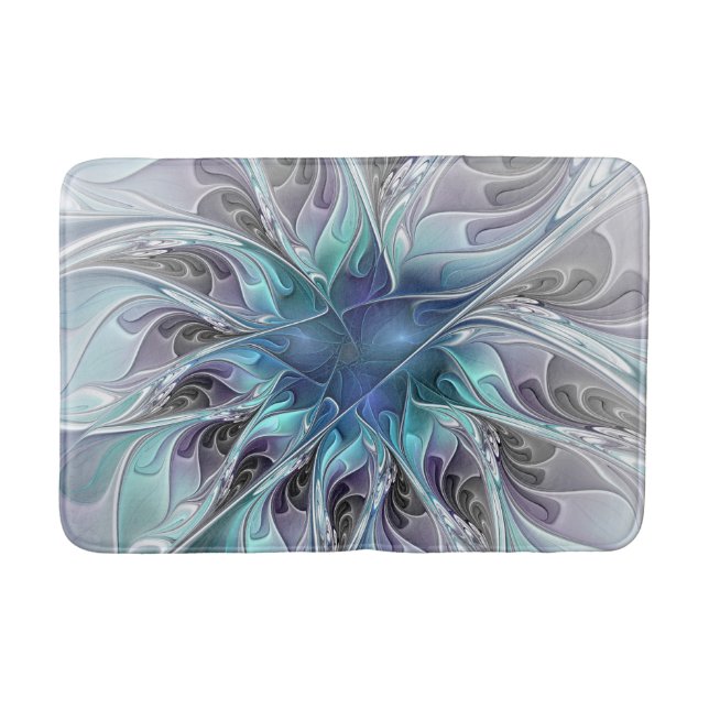 Tapis De Bain Fleur fractale moderne abstraite avec du bleu (Devant)