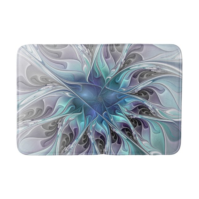 Tapis De Bain Fleur fractale moderne abstraite avec du bleu (Devant)