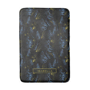 Tapis De Bain Fleur motif floral or bleu nom personnalisé