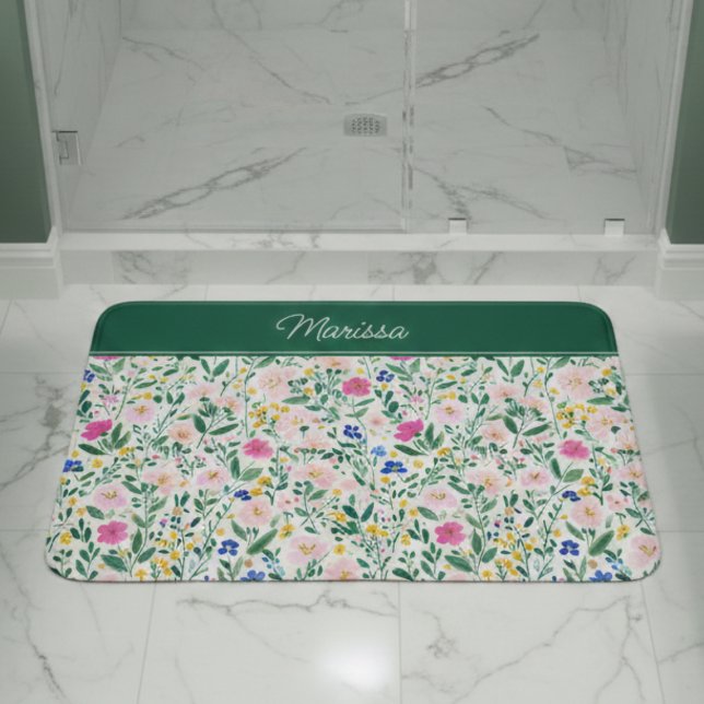 Tapis De Bain Fleur personnalisée colorée  (elegant colorful floral wildflower personalized bath mat with monogram name in script)