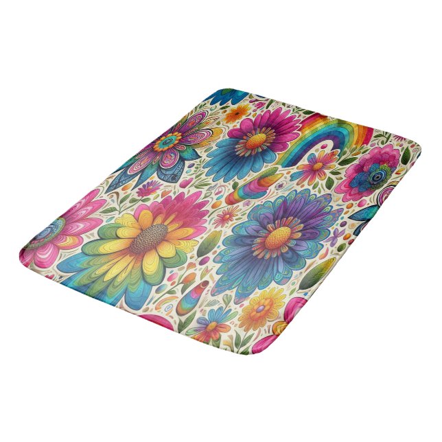 Tapis De Bain Fleur Retro Arc-en-Ciel Hippie (Angle)
