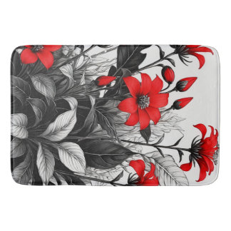 Tapis De Bain Fleur rouge sur Plante noir blanc
