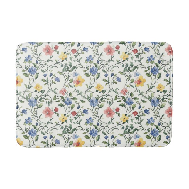 Tapis De Bain Fleur sauvage aquarelle bleu jaune  (Devant)
