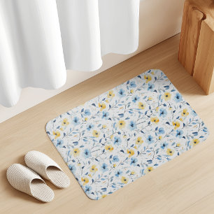 Tapis De Bain Fleur sauvage aquarelle bleu jaune 