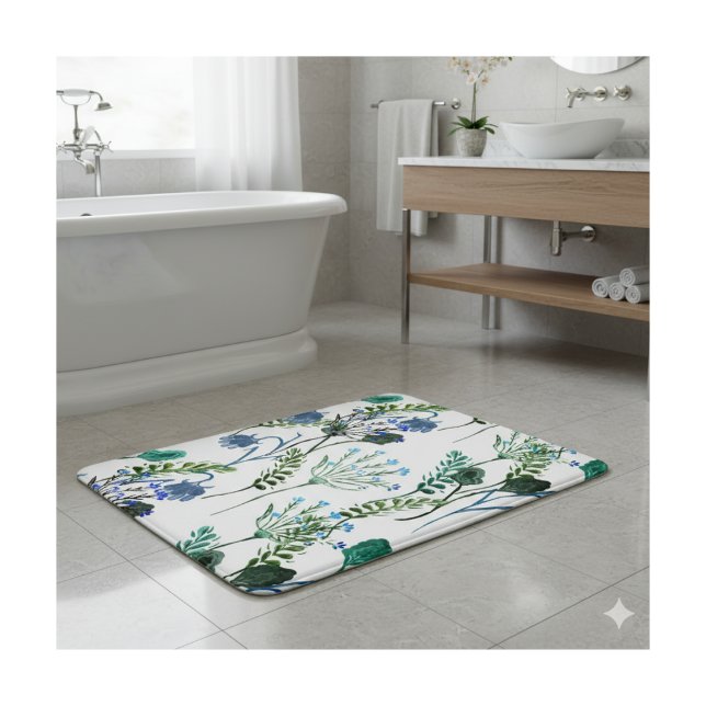 Tapis De Bain Fleur sauvage aquarelle bleu vert  (Créateur téléchargé)