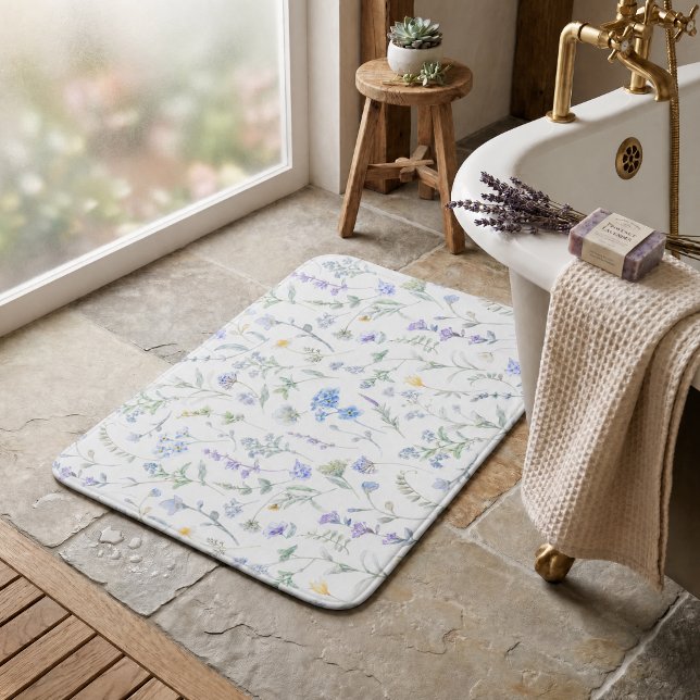 Tapis De Bain Fleur sauvage aquarelle bleu violet (Créateur téléchargé)