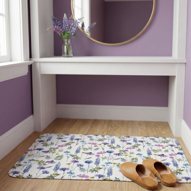 Tapis De Bain Fleur sauvage aquarelle bleu violet (Créateur téléchargé)