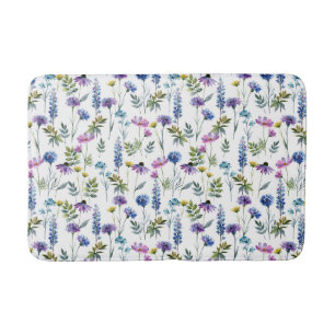 Tapis De Bain Fleur sauvage aquarelle bleu violet