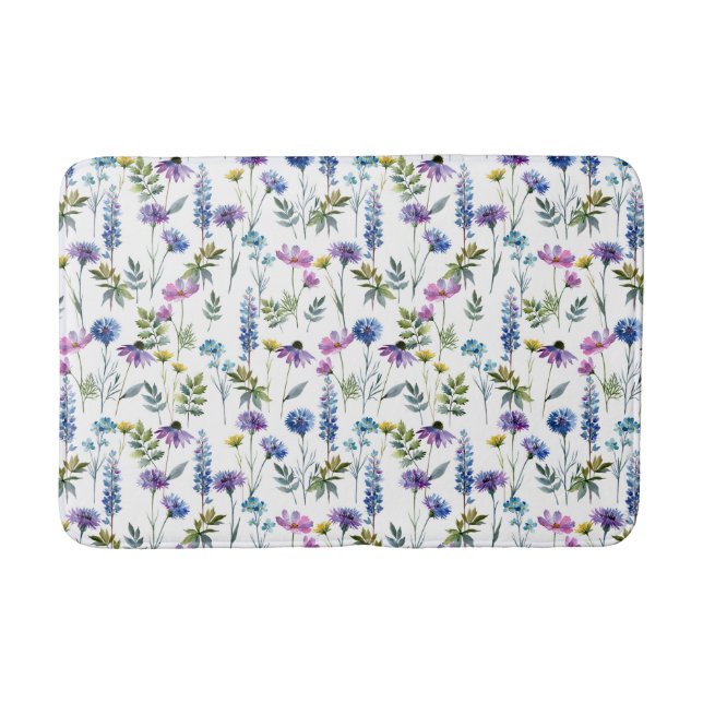 Tapis De Bain Fleur sauvage aquarelle bleu violet (Devant)
