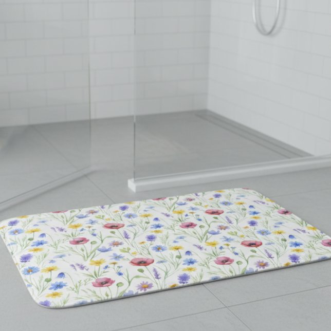 Tapis De Bain Fleur sauvage aquarelle bleue rouge (Créateur téléchargé)