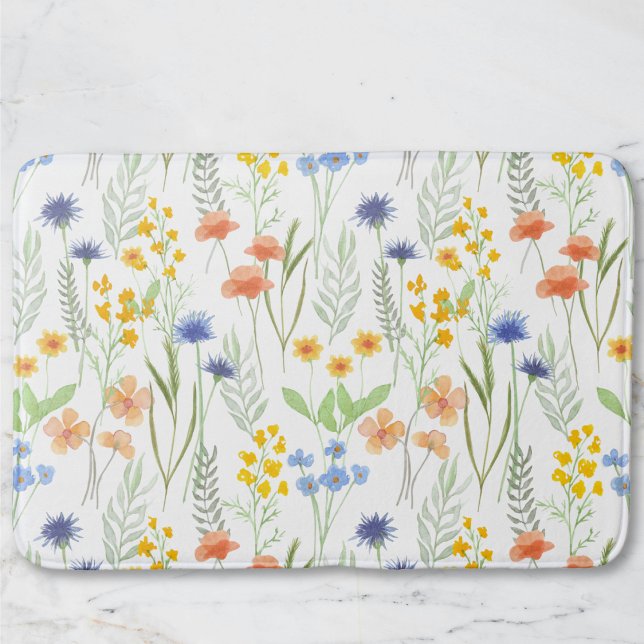 Tapis De Bain Fleur sauvage aquarelle orange jaune bleu (Créateur téléchargé)