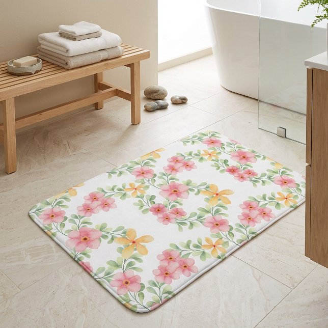 Tapis De Bain Fleur sauvage aquarelle orange rose vert (Pink Orange Green Watercolor Wildflower Bath Mat)