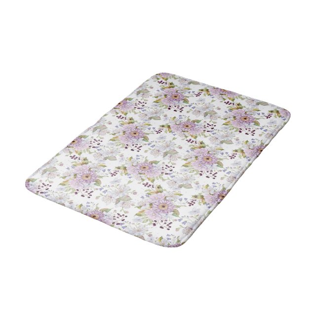 Tapis De Bain Fleur sauvage aquarelle rose blanc violet (Angle)