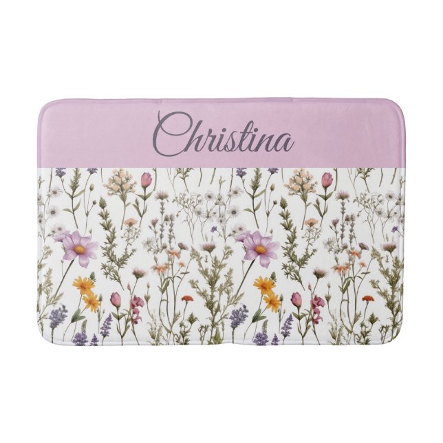 Tapis De Bain Fleur sauvage aquarelle rose violet  (Devant)