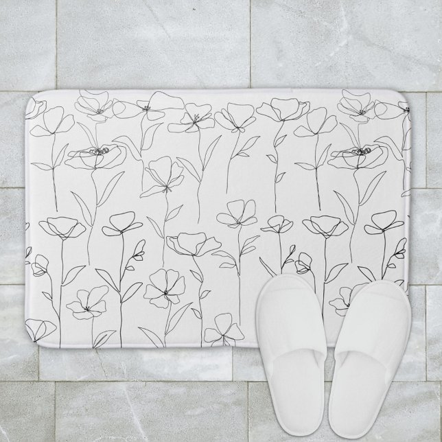 Tapis De Bain Fleur sauvage de pavot noir et blanc minimal flora (In situ bathroom floor)
