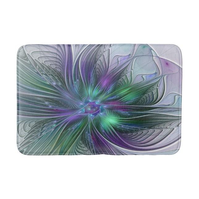 Tapis De Bain Fleur verte abstraite moderne fractale violette (Devant)