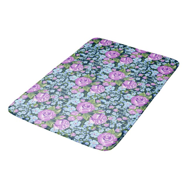 Tapis De Bain Fleurs à motifs floraux en fleurs bleues violettes (Angle)